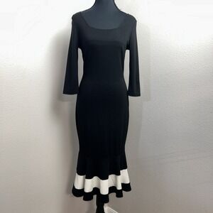 YACUN Bodycon Dress Women's S Black 3/4 Sleeve White Bottom Trim 70's Cocktail‎